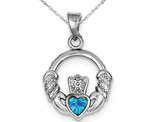 Lab-Created Blue Opal Irish Claddagh Heart Pendant Necklace in Sterling Silver with Chain